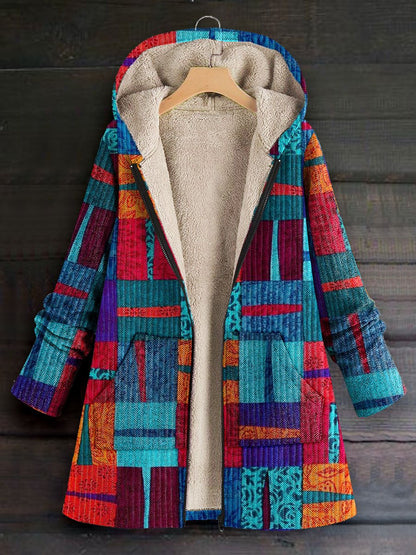 Women's Colour Blocking Art Print Casual Winter Warm Cosy Long Sleeve Fleece Coat