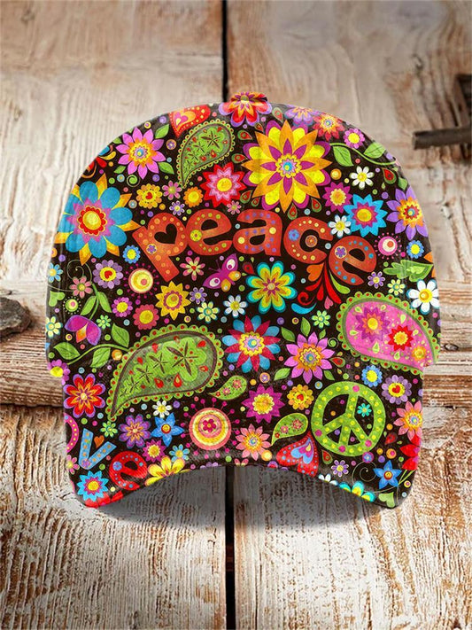 Vintage Hippie Peace Floral Print Hat