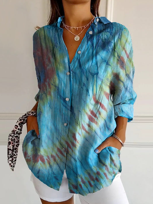 Women's Striped Tie Dye Print Casual Cotton Shirt