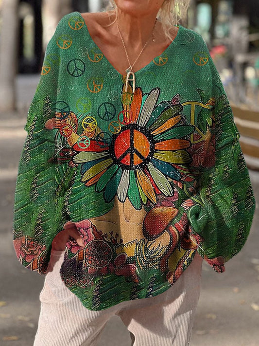 Women's Hippie Art Print Casual Pullover Sweater