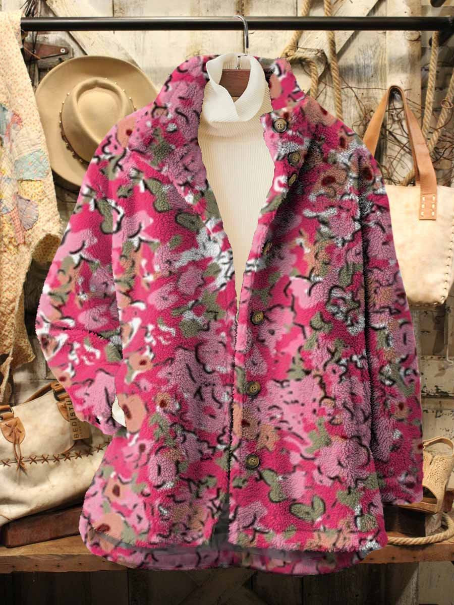 Women's Retro Pink Floral Pattern Casual Sherpa Coat Cardigan