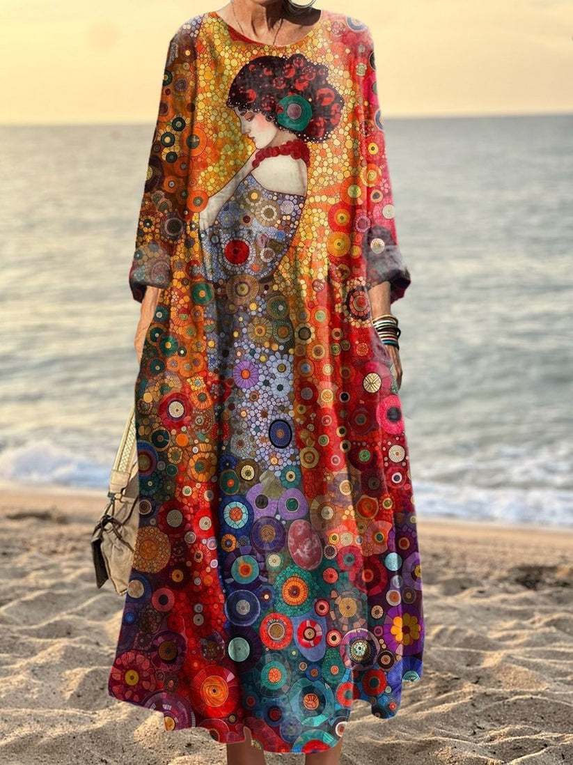 Women Artsy Pure Color Shirred 100 Cotton O Neck Dress