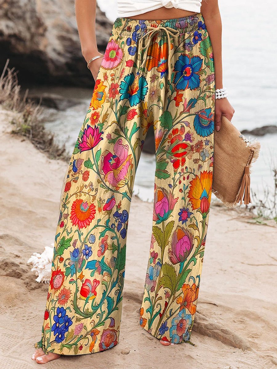 Women's Vintage Indian Folk Floral Art Print Cotton And Linen Casual Pants