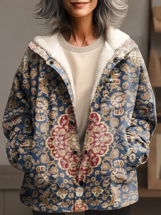 Women's Ethnic Art Print Waffle Plush Thick Long-Sleeved Hooded Coat