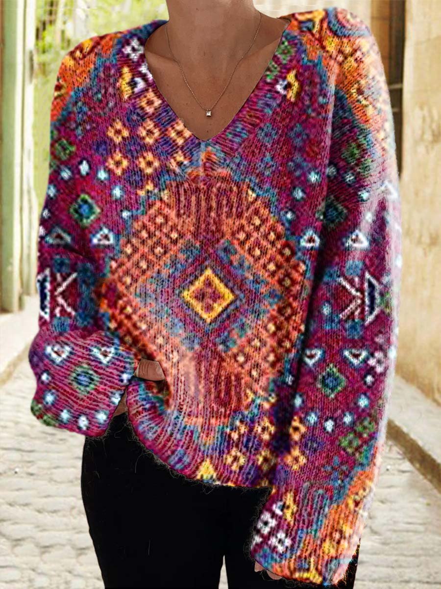 Women's Retro Ethnic Art Print Casual V-Neck Pullover Knitted Sweater