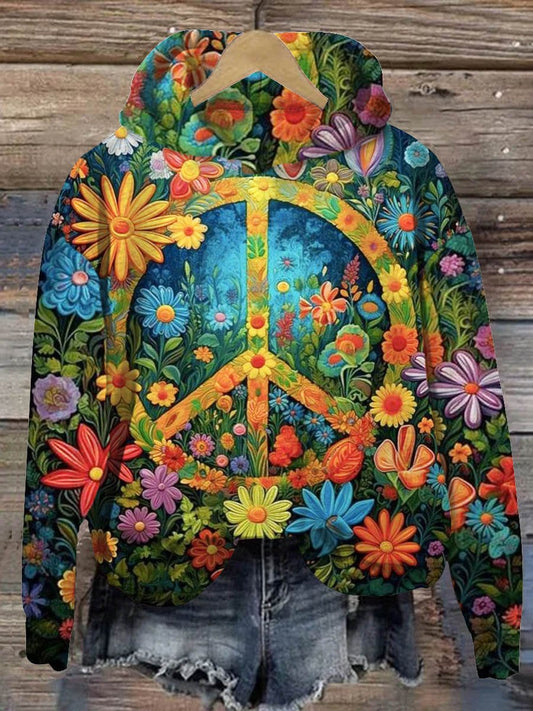 Vintage Floral Peace And Love Art Print Casual Sweatshirt