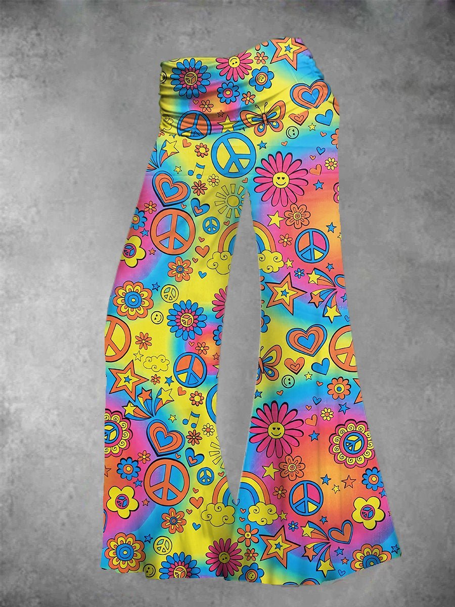 Women's Vintage Peace and Love Hippie Print Wide Leg Pants