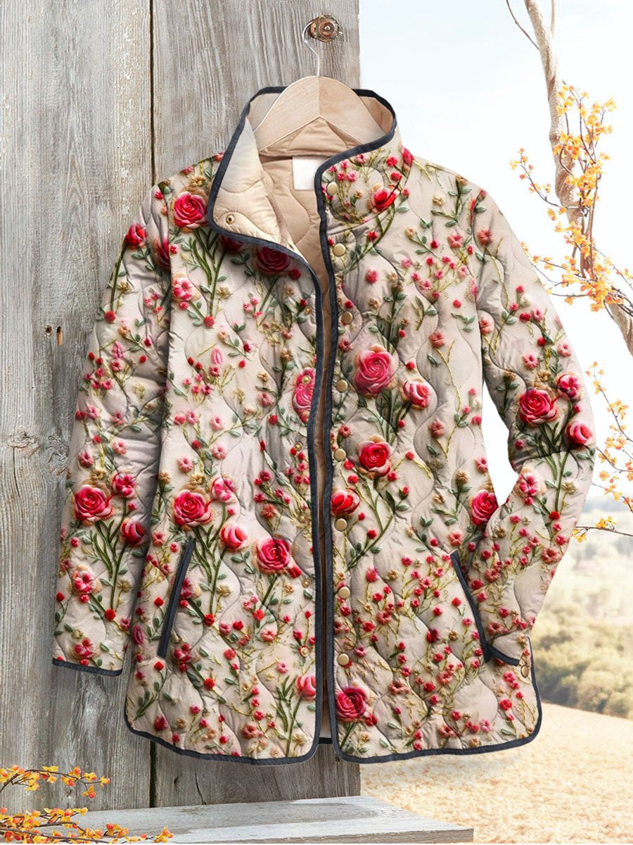 Women's  Retro  Flower Art Print Casual Quilted Cardigan