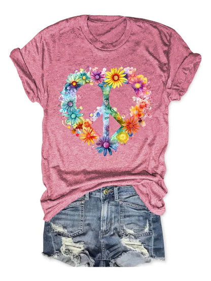 Floral Peace And Love Art Print Casual T-shirt