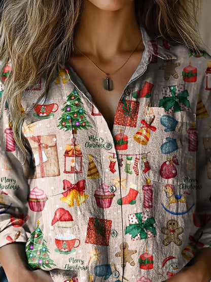 Watercolor Christmas Pattern Printed Women's Casual Long Sleeve Comfortable Cotton Shirt