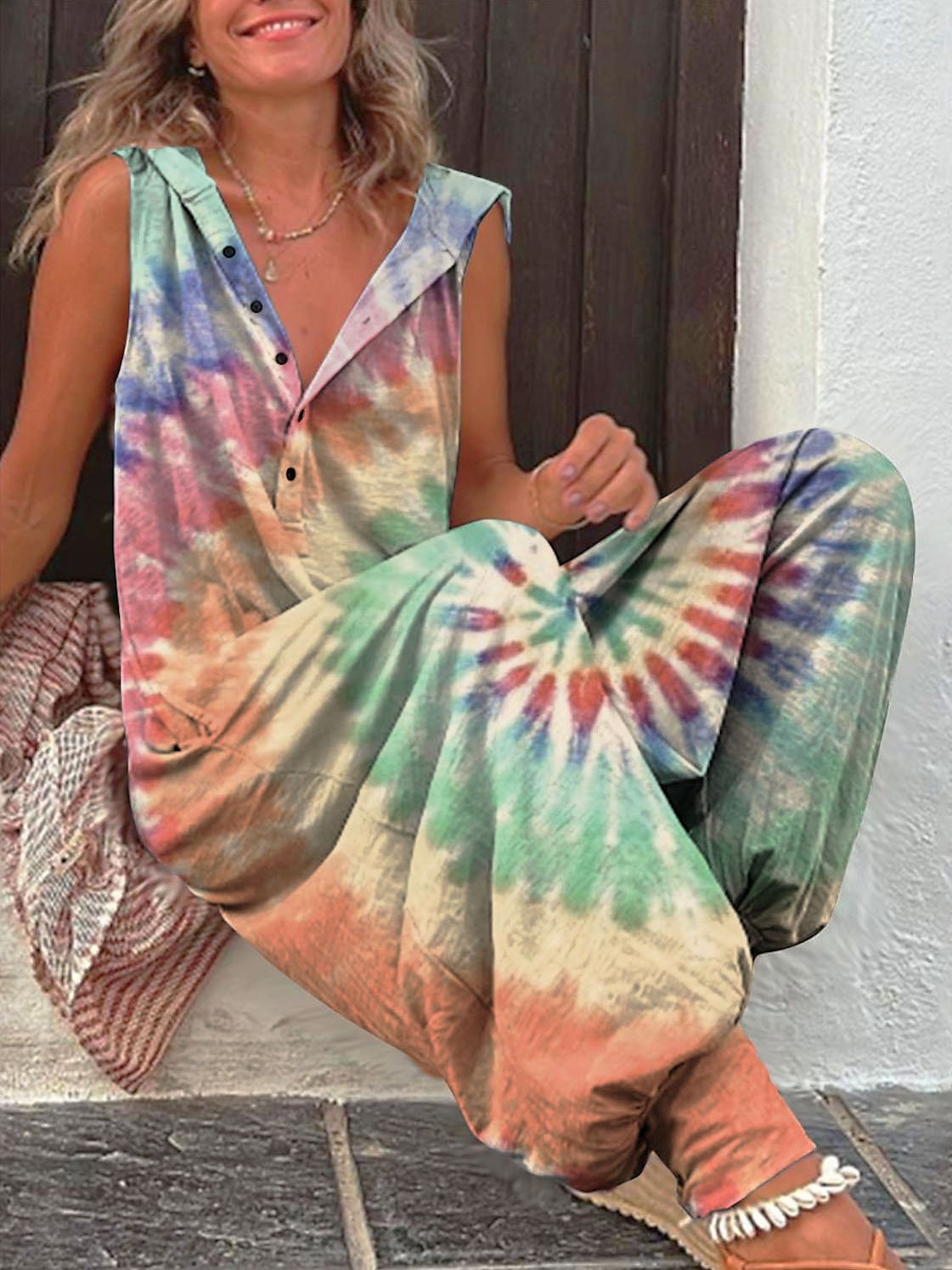 Women's Retro Tie Dye Print Casual 100% Cotton Wide Leg Jumpsuit