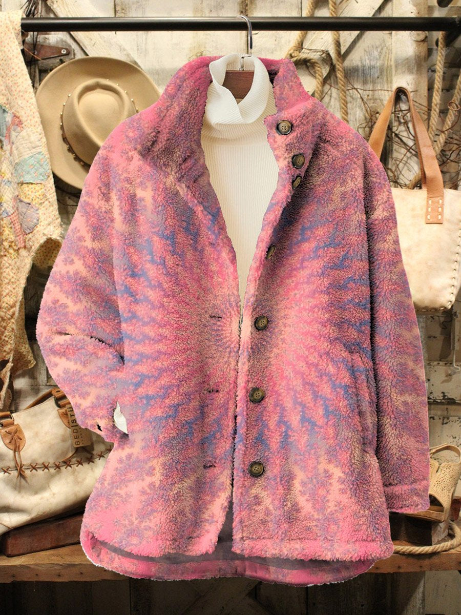 Women's Retro Kaleidoscope Tie Dye Print Casual Sherpa Coat Cardigan