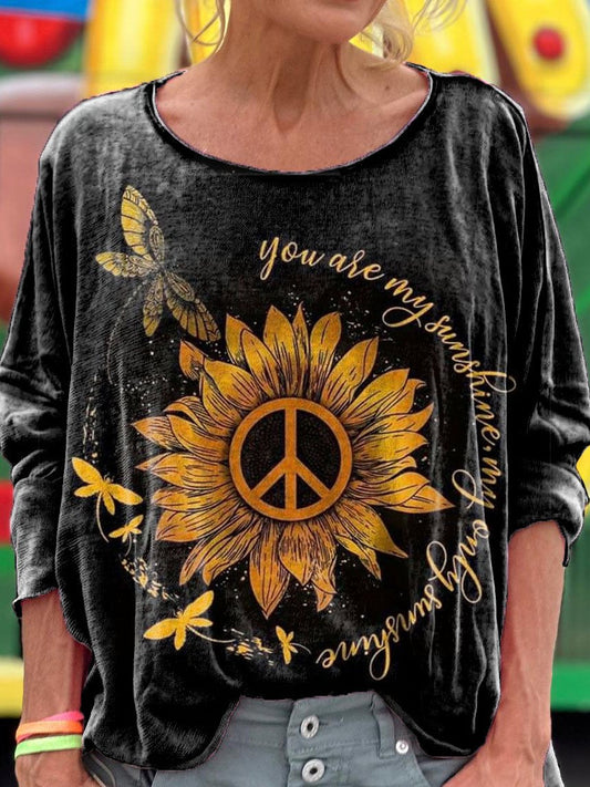 Women's Retro Hippie Art Print Casual Long Sleeve T-Shirt