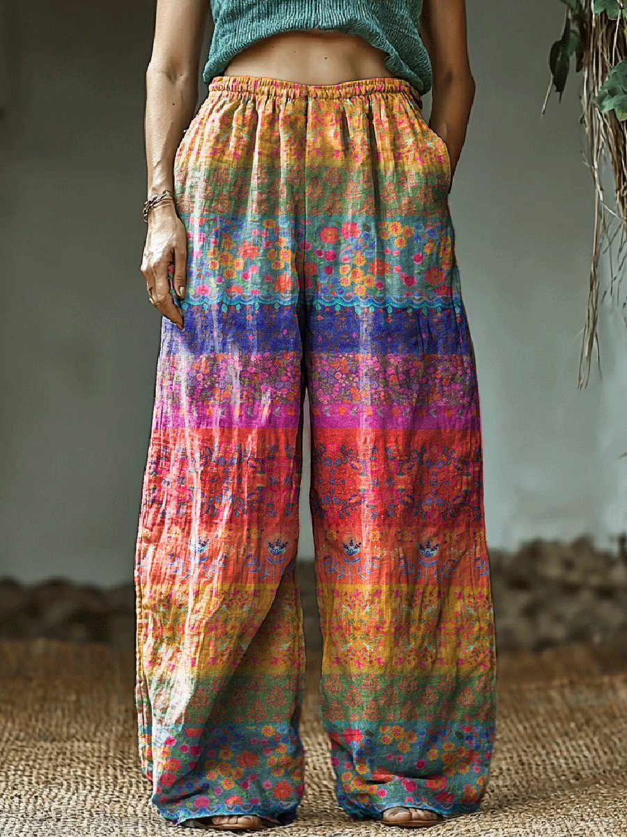 Women's Retro Colorful Stripes Printed Cotton And Linen Casual Pants