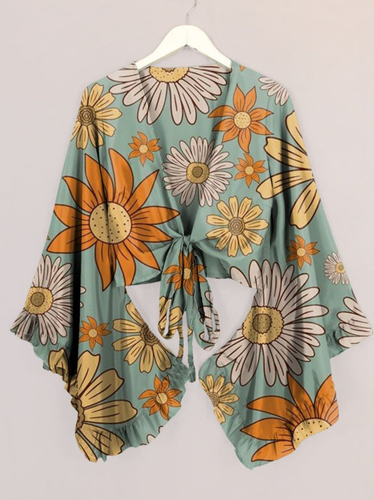 Women's Retro 70s Floral Power Print Bell Sleeve Wrap Top