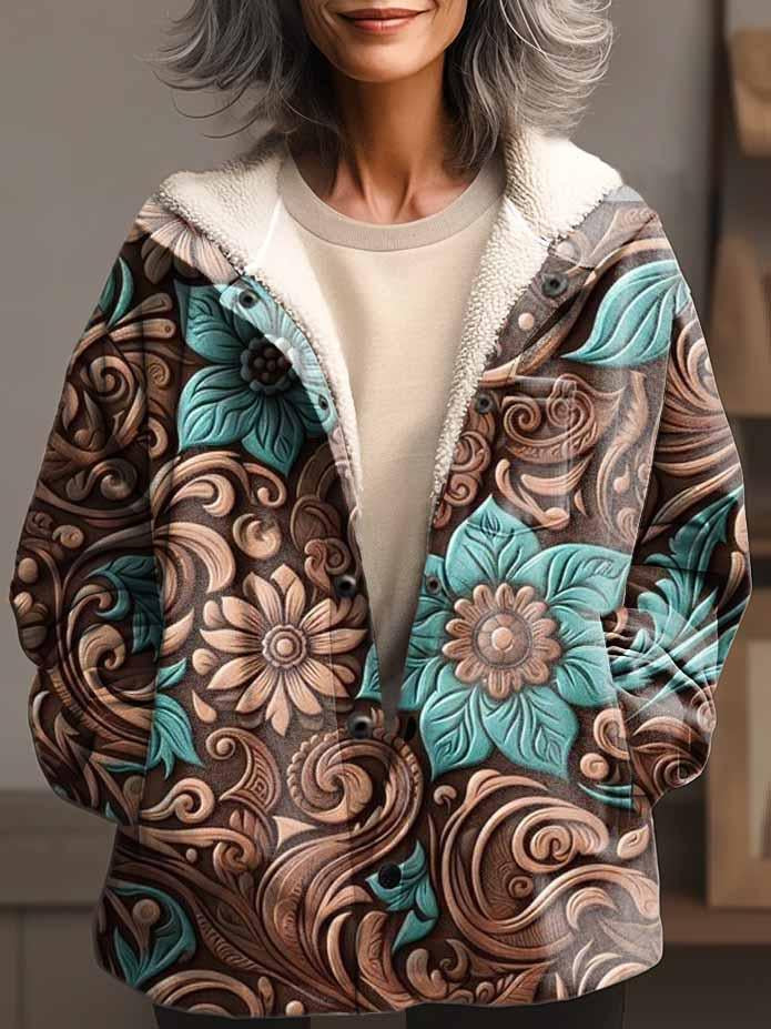 Women's Vintage Folk Art Print Waffle Plush Thick Long-Sleeved Hooded Coat