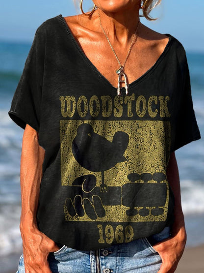 Women's Bird And Guitar Music Woodstock Print V Neck T-Shirt