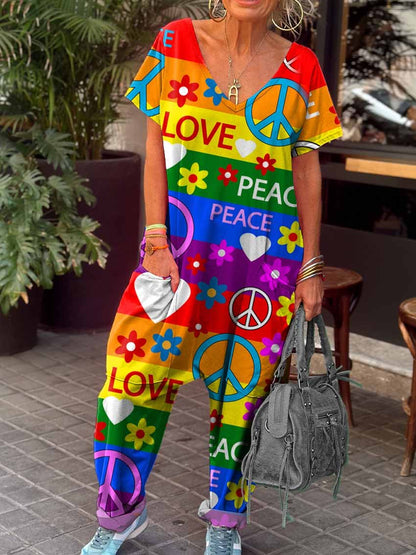 Women's Love Peace Hippie Print Casual 100% Cotton Wide Leg Jumpsuit