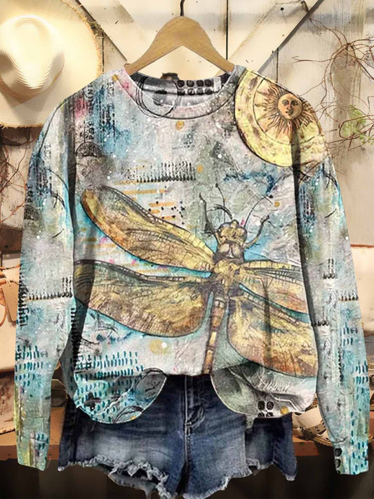 Women's Retro Bohemian Hippie Dragonfly Print Casual Sweatshirt