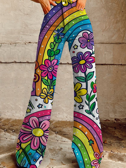 Women's Rainbow Colored Floral Illustration Print Casual Wide Leg Pants