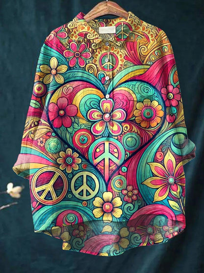 Peace And Love Flower Art Pattern Print Casual Cotton And Linen Shirt