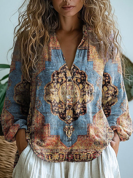 Women's Vintage Ethnic Pattern Art Print Casual Long Sleeve Comfortable Cotton Shirt