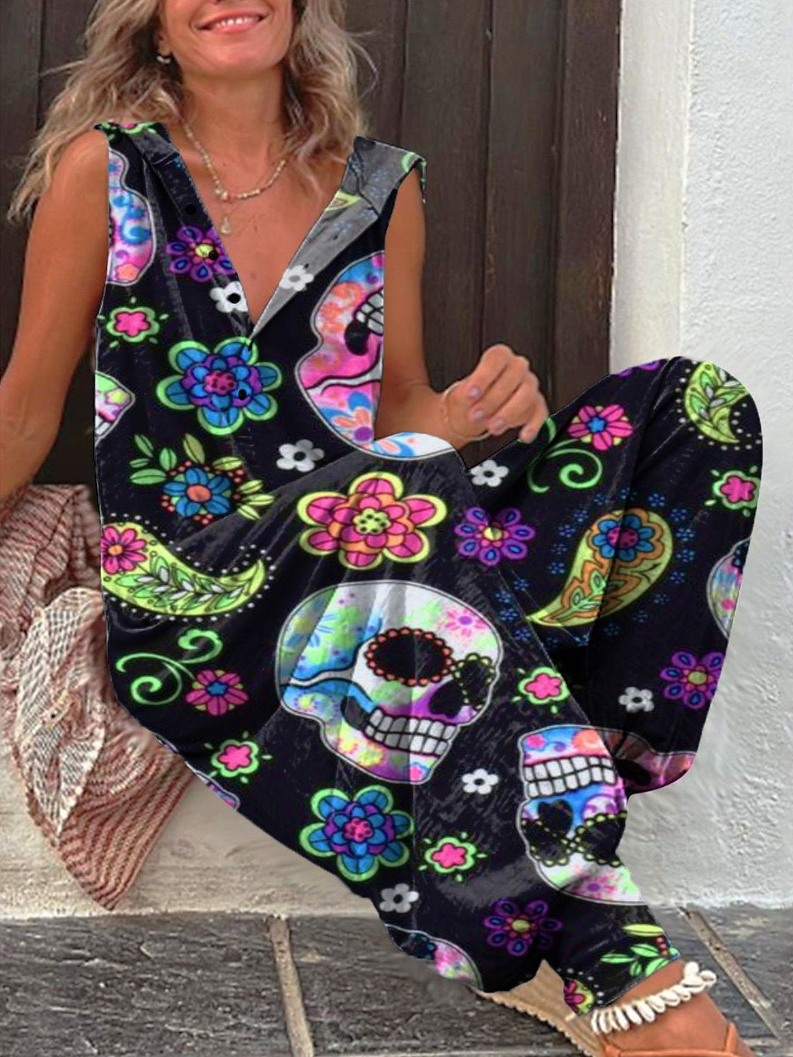 Women's Artistic Floral Skull Print Casual 100% Cotton Wide Leg Jumpsuit