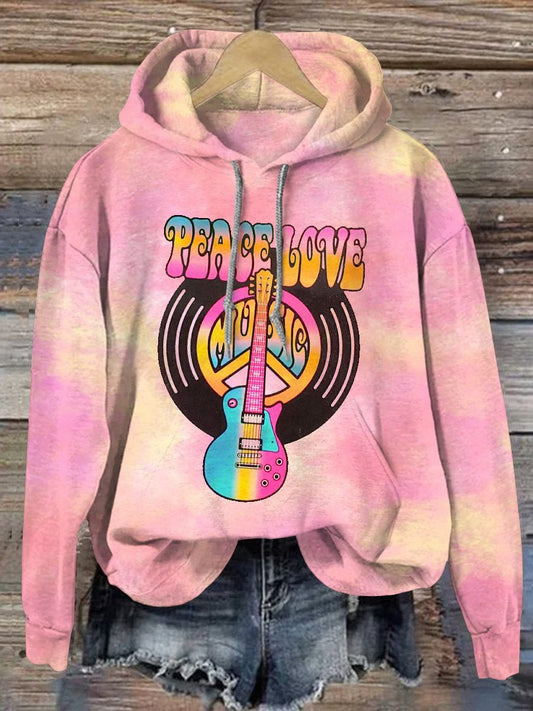 Peace & Love & Guitar Print Casual Hoodie Sweatshirt