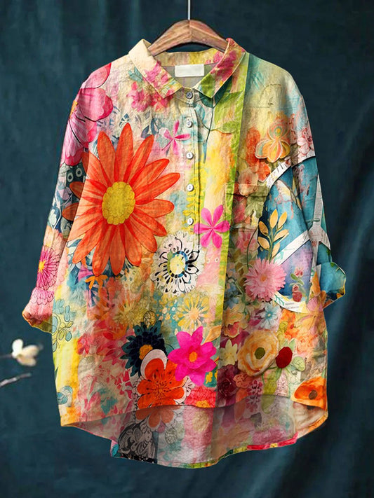 Women's Vintage Love And Peace Flower Art Print Casual Cotton And Linen Shirt