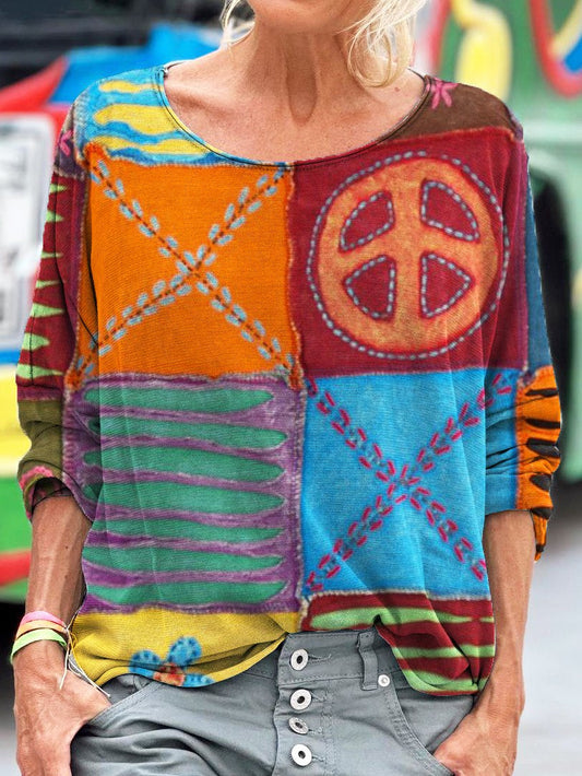 Retro Natural Patchwork Hippie Print Long Sleeve