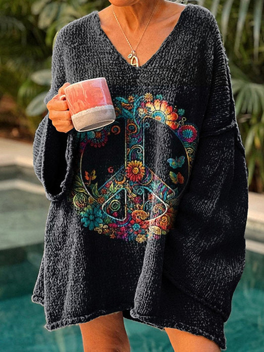 Women's Floral Hippie Art Print Casual Pullover Sweater