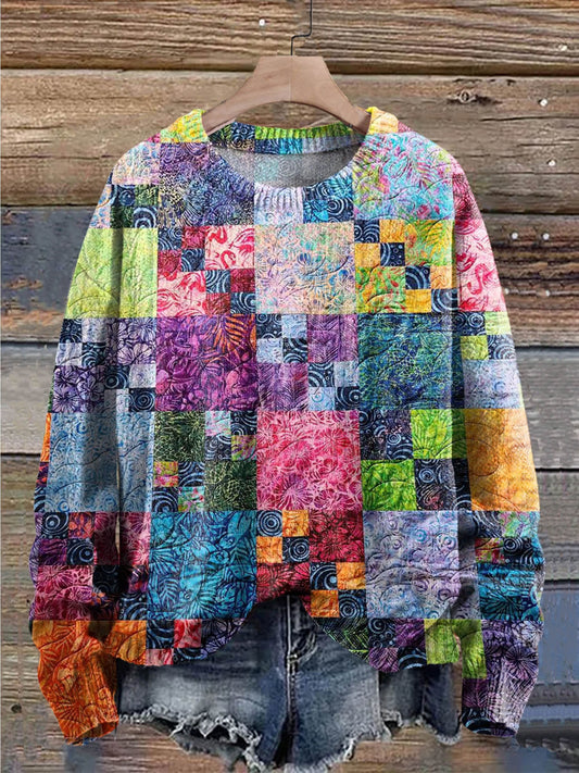 Colorful Plaid Square Flowers Print Knit Pullover Sweater