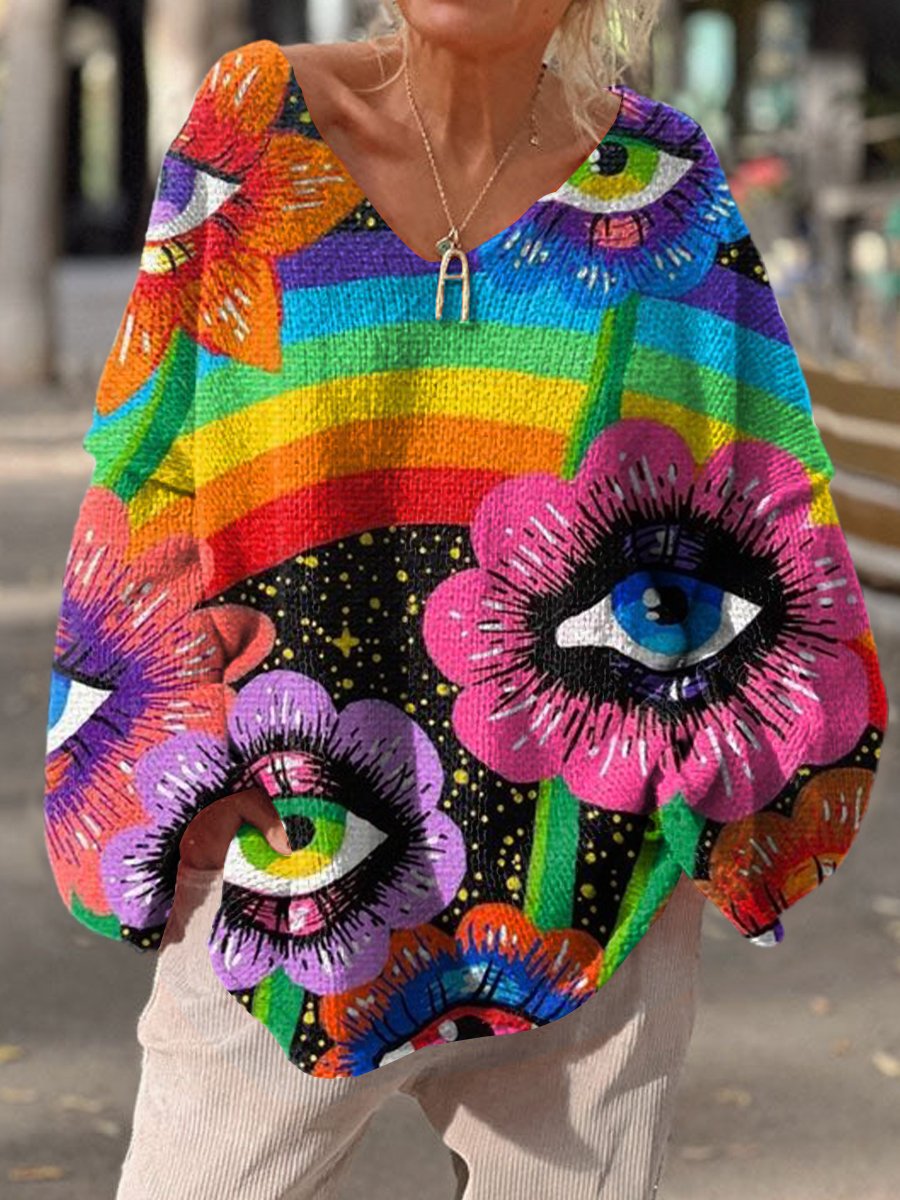 Women's Hippie Art Abstract Eyes Flower Painting Print Casual Pullover Sweater