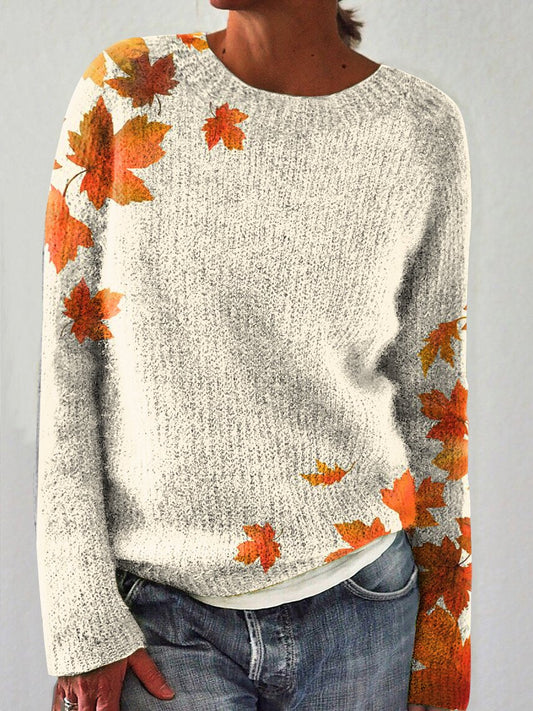 Autumn Winter Maple Leaves Print Casual Knit Pullover Sweater