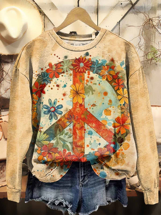 Women's Retro Hippie Peace Love Floral Pattern Print Casual Sweatshirt