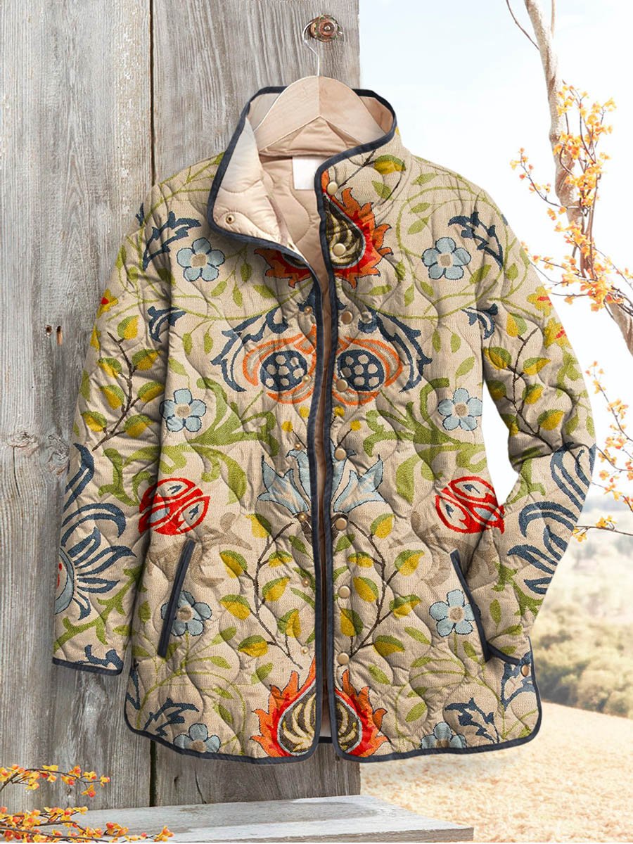 Women's Vintage Lovely Floral Art Print Casual Quilted Cardigan