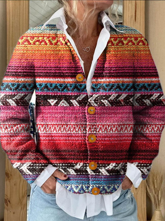 Vintage Ethnic Color Block Pattern Art Print Buttoned Cardigan Sweater