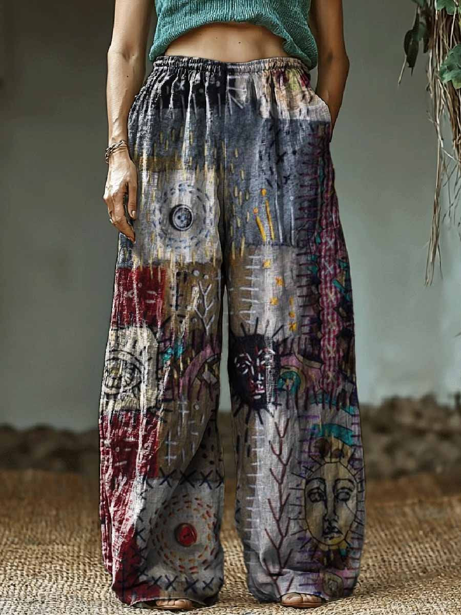 Women's Bohemian Retro Patchwork Pattern Cotton And Linen Casual Pants