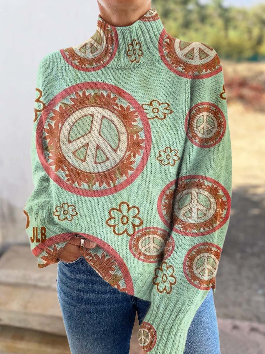 Women's Hippie Art Print Knitted Turtleneck Sweater