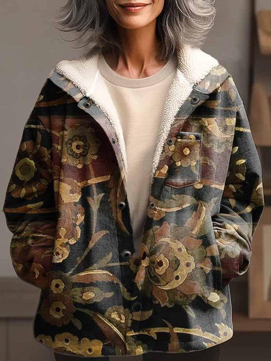 Women's Ethnic Art Print Waffle Plush Thick Long-Sleeved Hooded Coat