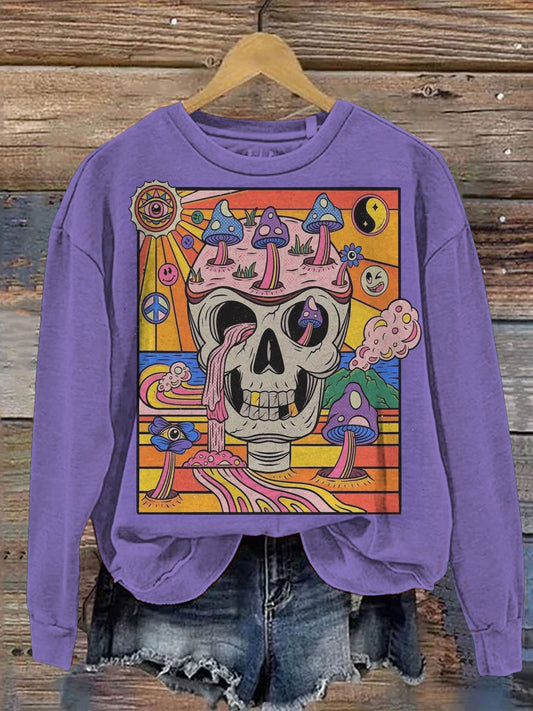 Hippie Skull Print Casual Sweatshirt