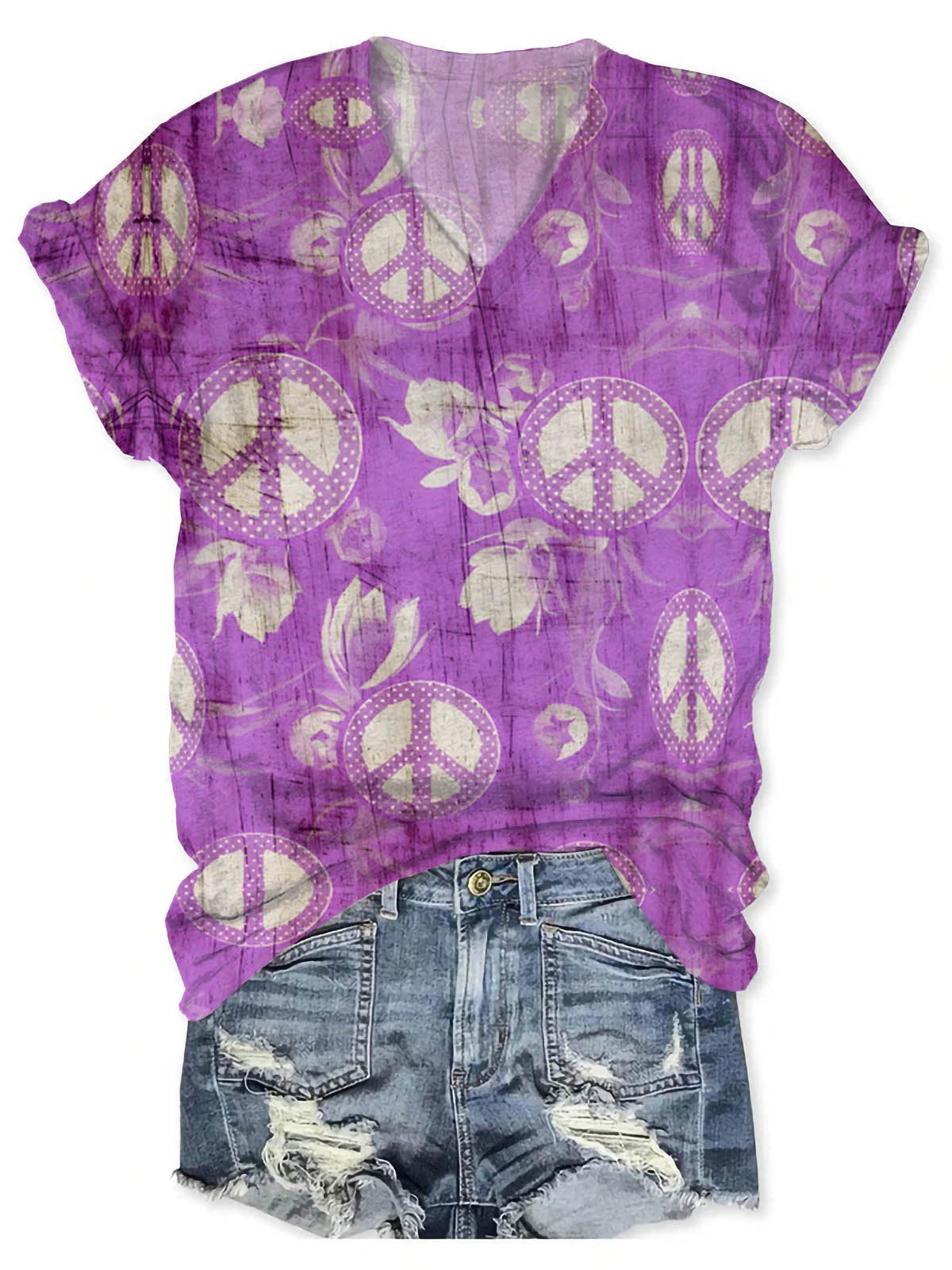 Retro Hippie Peace And Love Art Print V-neck Casual T-Shirt