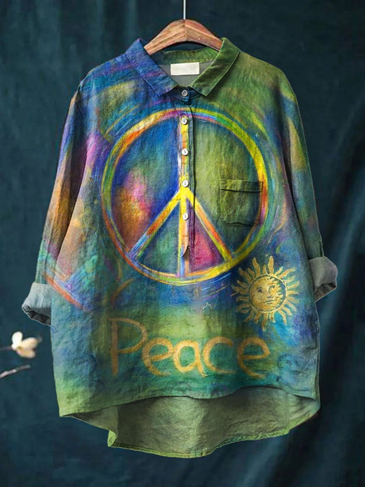 Women's Colorful Green Anti-war Peace Sign Print Casual Cotton And Linen Shirt