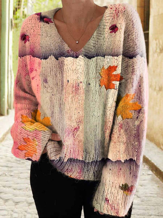 Women's Retro Fall Maple Leaves Art Casual V-Neck Knit Sweater