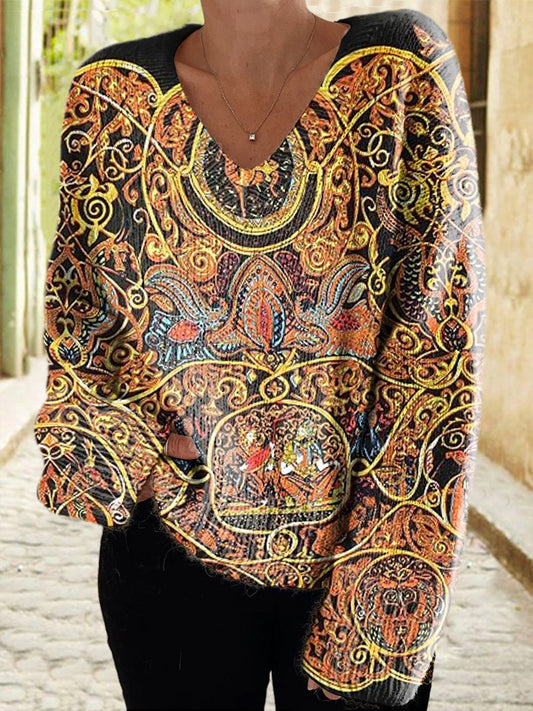 Women's Retro Ethnic Style Casual V Neck Pullover Knitted Sweater