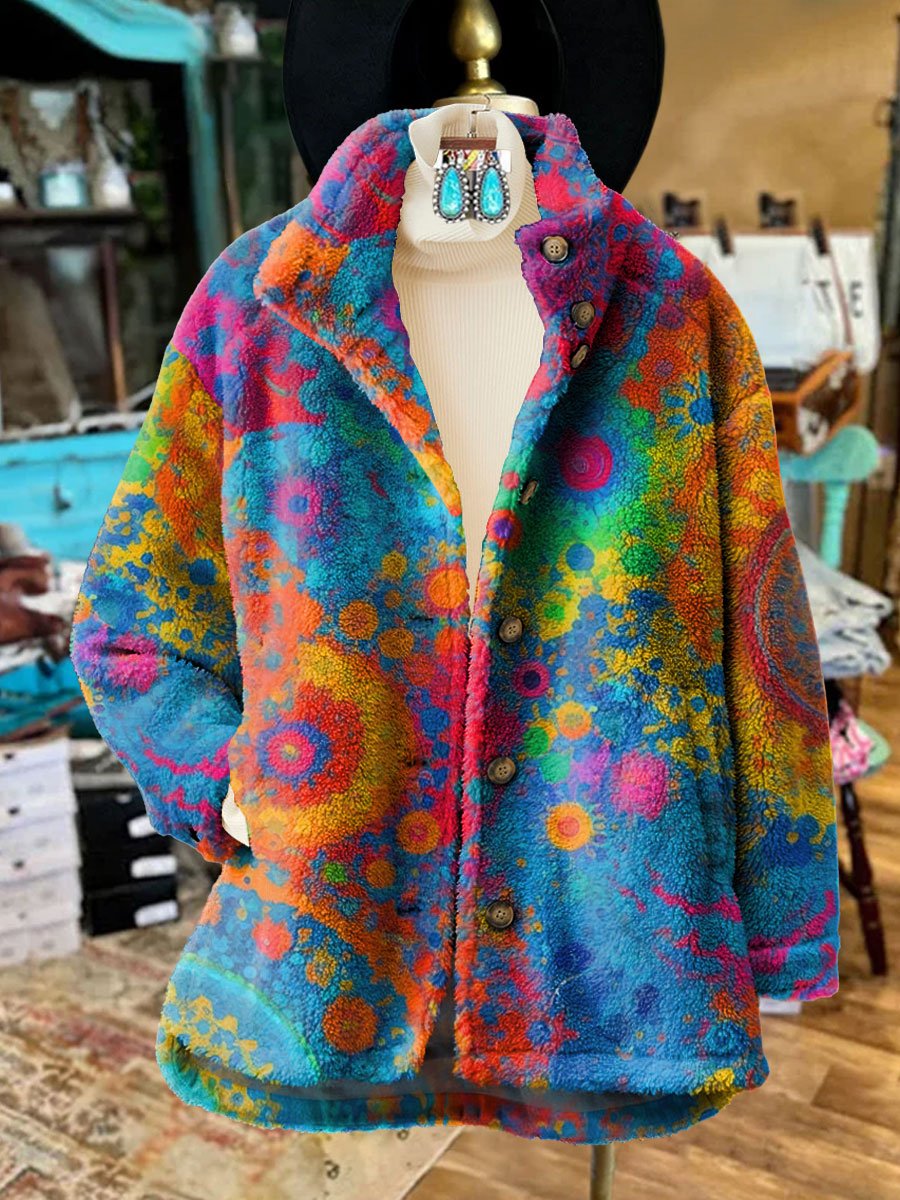 Women's Vintage Love And Peace Flower Art Print Casual Sherpa Coat Cardigan