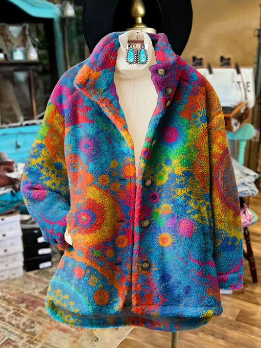 Women's Vintage Love And Peace Flower Art Print Casual Sherpa Coat Cardigan