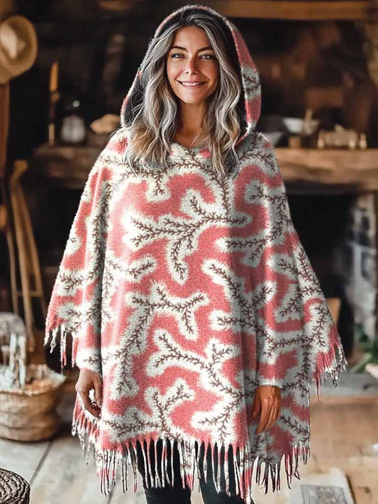 Women's Winter Floral Art Casual Knitted Blanket Poncho Hood Cape