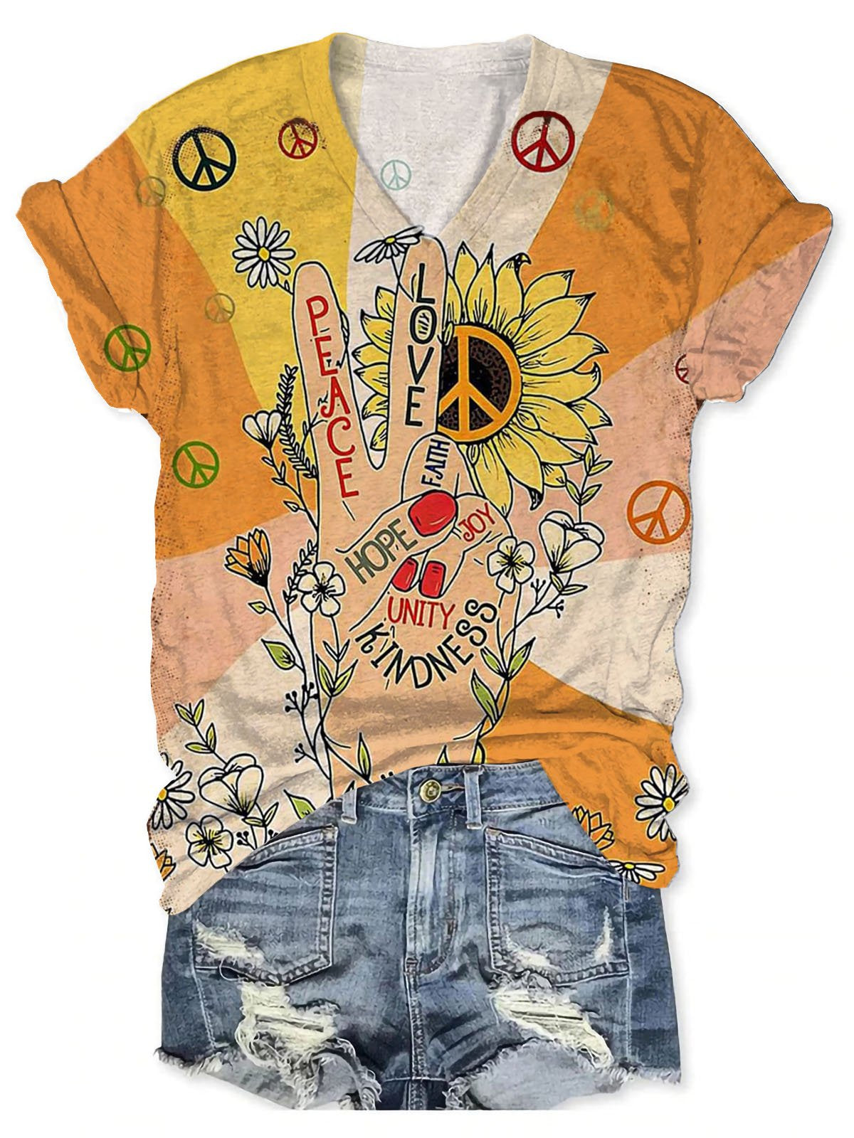 Women's Peace And Love Art Print V-neck Casual T-Shirt