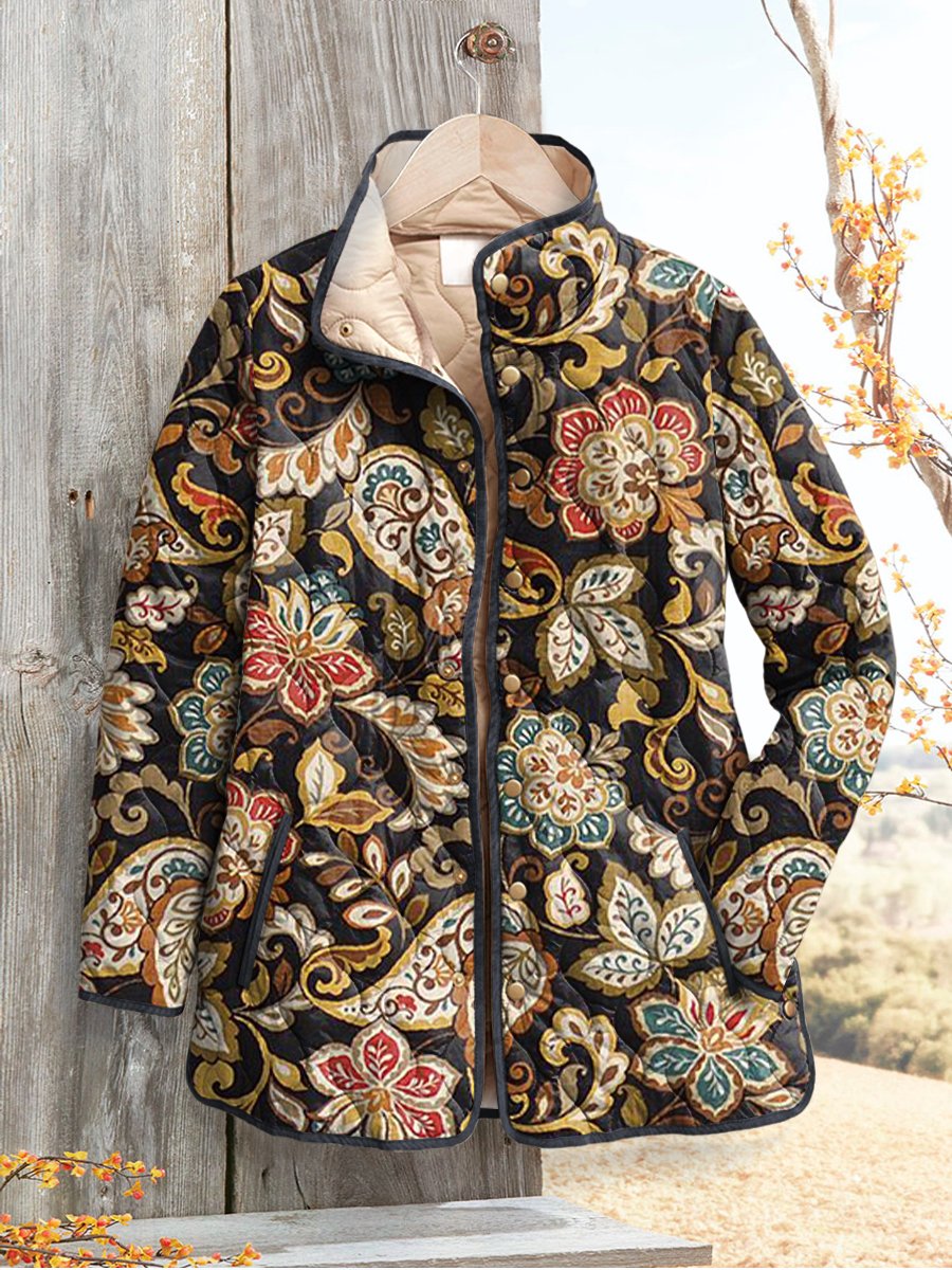 Paisley and Floral Decorative Pattern In Retro Colors Casual Quilted Cardigan